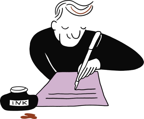 Cartoon-style illustration of a person writing on a purple sheet of paper with a pen in Covent Garden. An ink bottle labeled INK and a small ink spill are on the desk beside them. The person appears content and focused.