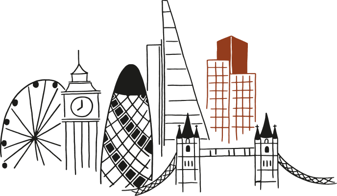 A simple line drawing of London landmarks, including Covent Garden, the London Eye, Big Ben, The Gherkin, The Shard, Tower Bridge, and two modern red buildings.