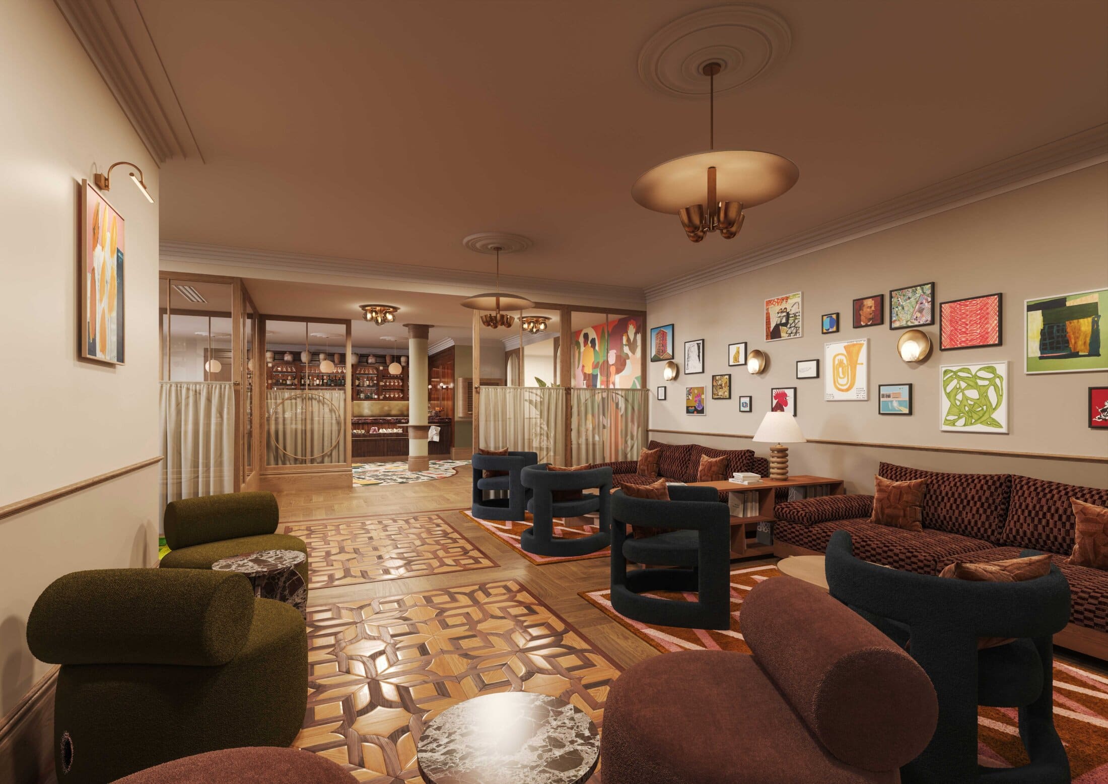 A stylish Covent Garden lounge with patterned flooring, modern velvet chairs, and sofas. Colorful art decorates the walls, while a bar area with wooden shelves and glass dividers glows softly under warm lighting.