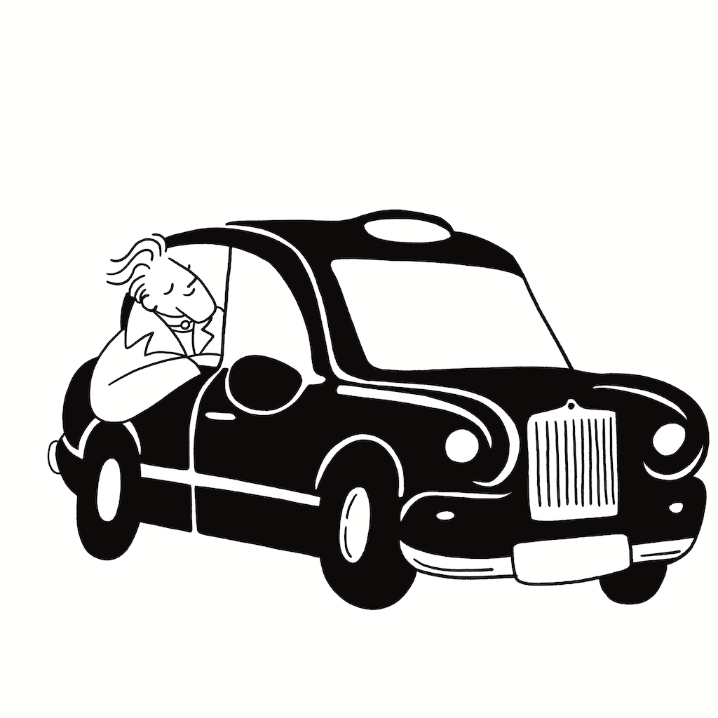 Black and white illustration of a person sleeping with their head resting on the window of a classic taxi cab near Covent Garden. The car has a rounded shape and prominent front grille.