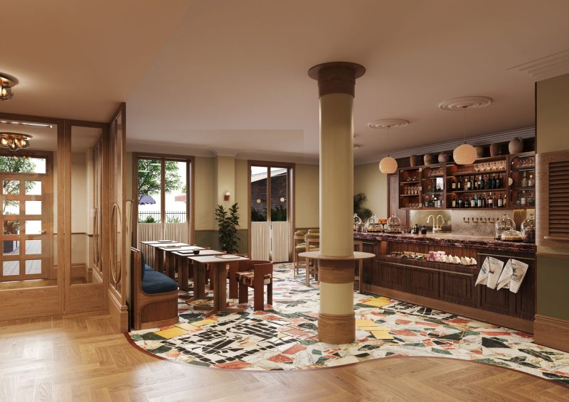 A cozy, modern cafe interior in Covent Garden with wooden furniture, multicolored tile flooring, a bar offering drinks and pastries, warm lighting, and large windows letting in natural light.