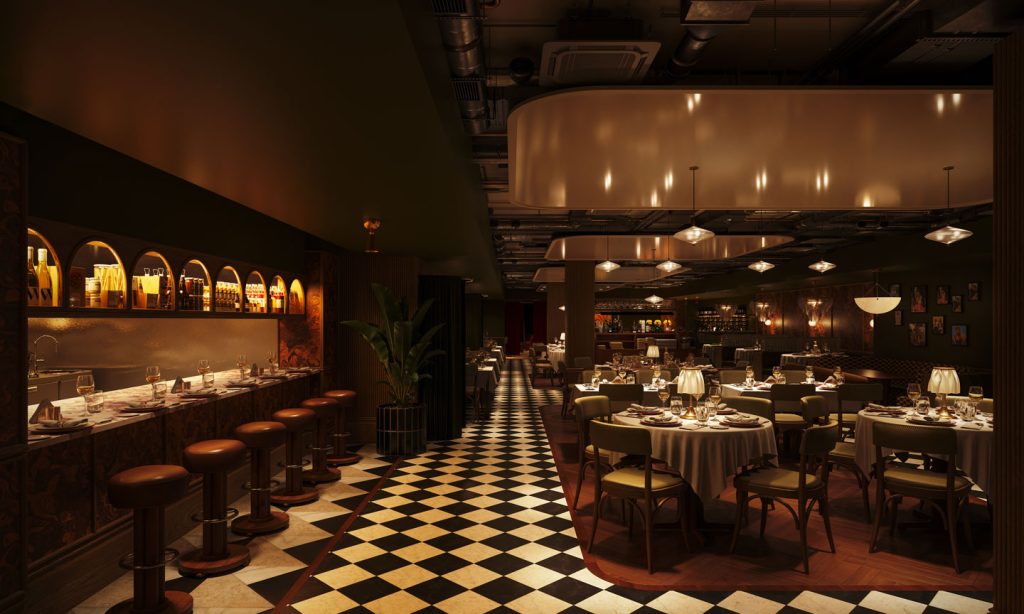 A stylish, dimly lit restaurant in Covent Garden with a checkered floor, bar area with stools, round tables set for dining, warm ambient lighting, and vintage decor.