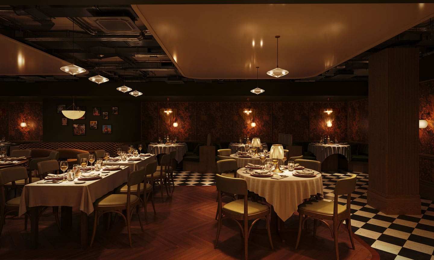 Dimly lit elegant restaurant in Covent Garden with round tables covered in white cloths, neatly set with plates and glasses. Warm lighting, patterned wallpaper, and a checkered floor create a cozy, vintage atmosphere.