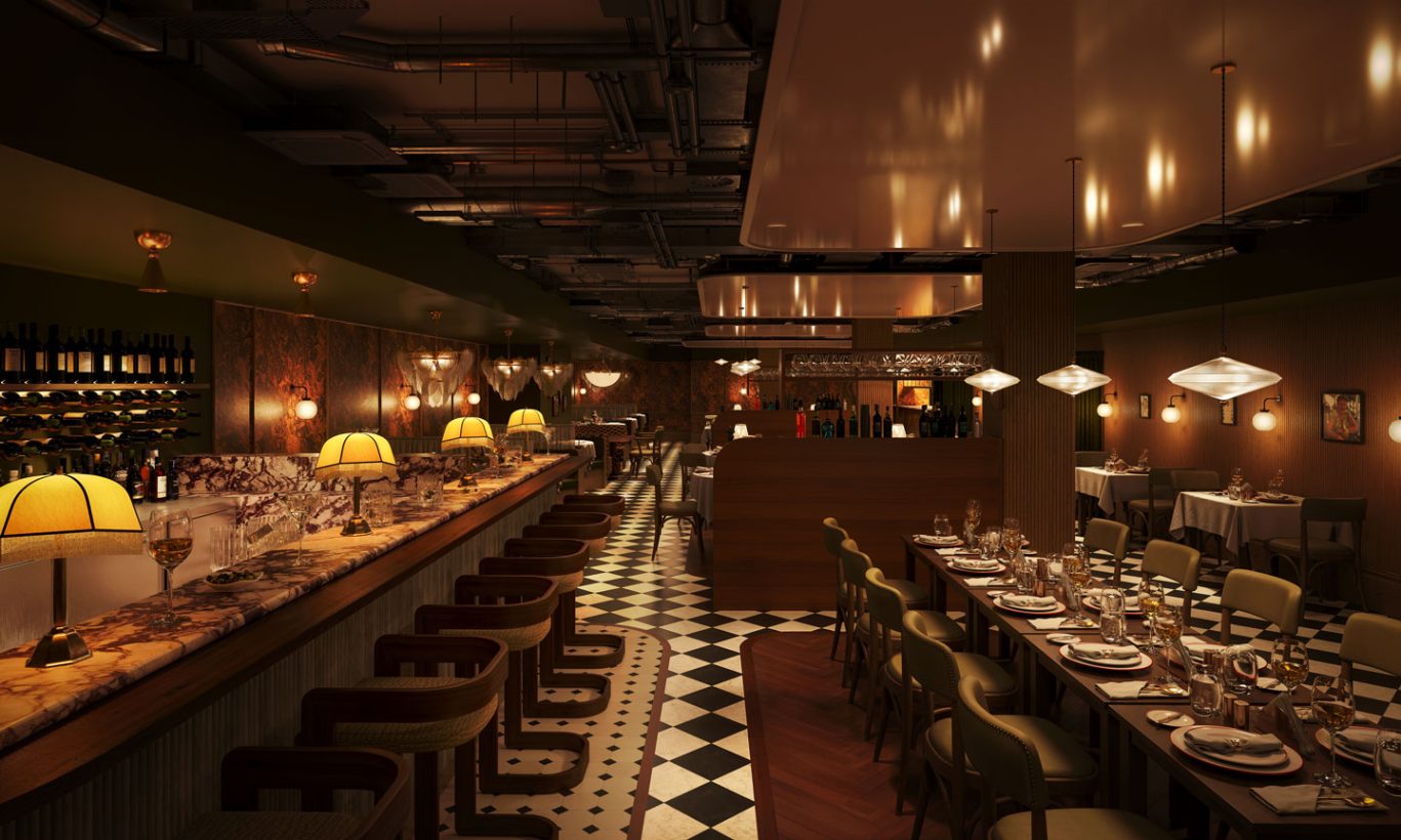 A stylish, dimly lit Covent Garden restaurant interior with a marble bar, vintage lamps, wooden chairs, and set dining tables. The black-and-white checkered floor adds to the cozy, elegant ambiance.