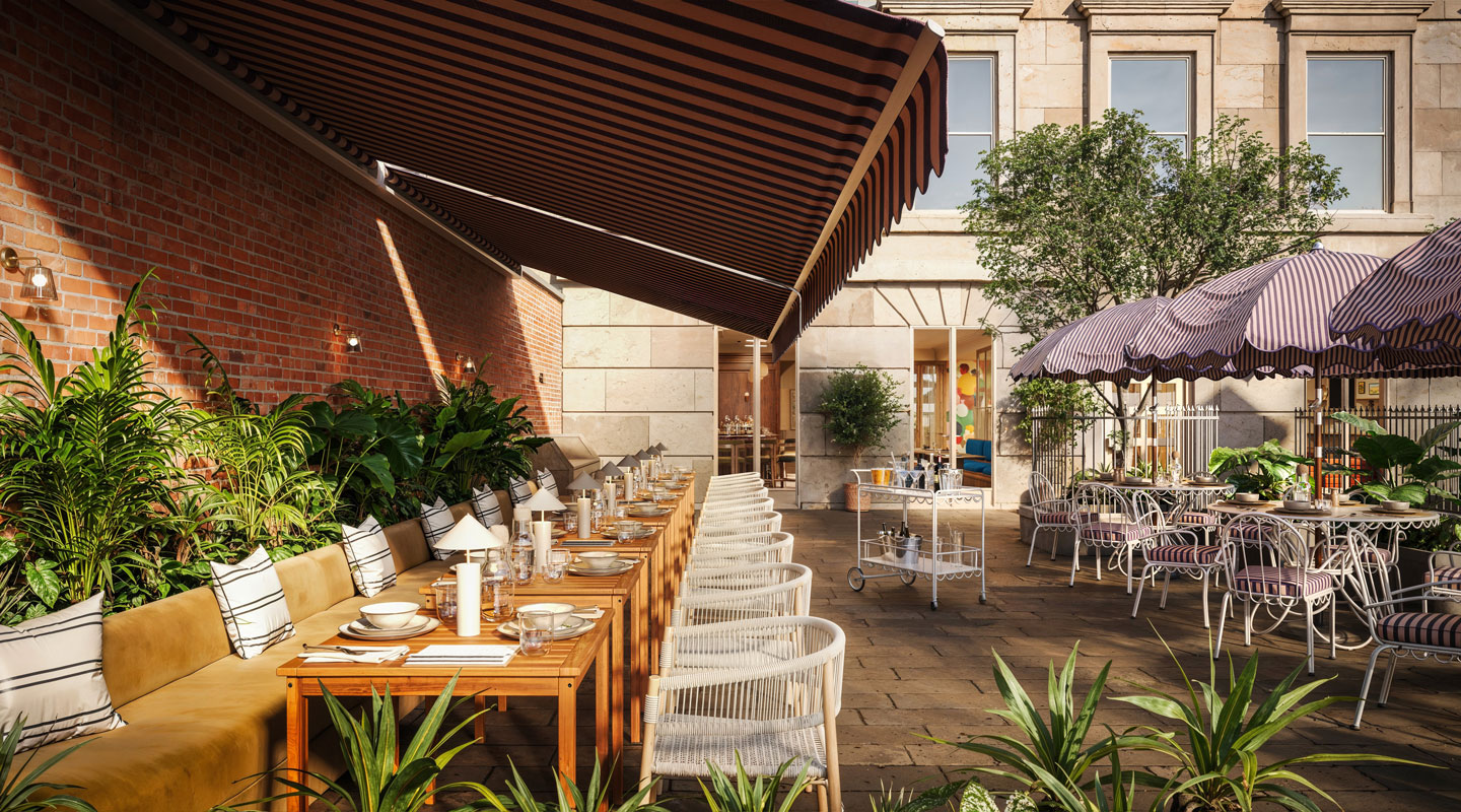 Outdoor restaurant patio in Covent Garden with wooden tables, cushioned bench seating, white chairs, and elegant table settings. Potted plants and striped awnings surround round tables with purple striped umbrellas in a sunny courtyard.