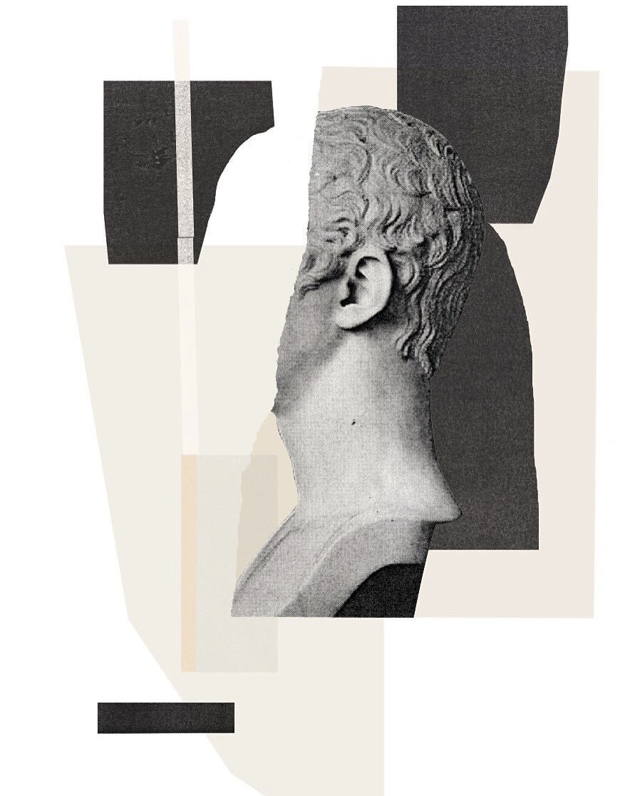 A collage featuring a grayscale bust of a man in profile, overlaid with layered geometric shapes in shades of black, white, and beige. The Webster’s aesthetic blends classical sculpture with modern abstract elements.