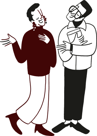 A sketch of two people standing and talking. One, known as The Webster, wears earrings and a long skirt, gesturing expressively, while the other holds a folder and smiles, sporting glasses and a hat.