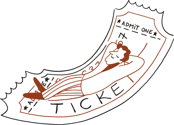 A cartoon man reclines and relaxes on a large, curved admission ticket that reads ADMIT ONE, TICKET, and The Webster. The drawing is simple with minimal lines and shades of brown and black.