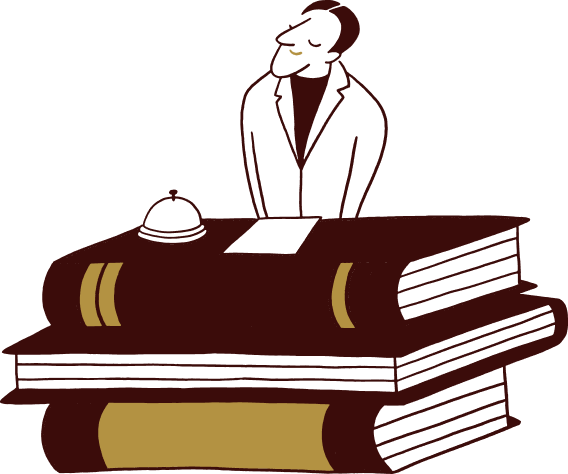 A person in a suit stands behind a desk made of three large stacked books, evoking The Webster, with a piece of paper and a service bell on top. The illustration uses elegant brown and gold tones.
