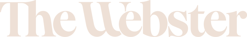 The image displays The Webster in large, light beige serif font on a white background, emphasizing the brand’s elegant style.